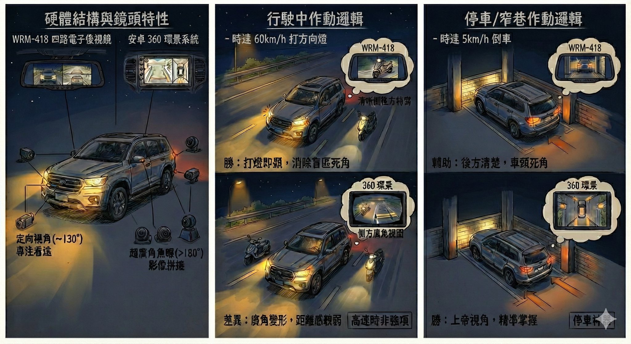 手繪圖解WRM-418四路電子後視鏡與安卓360環景系統