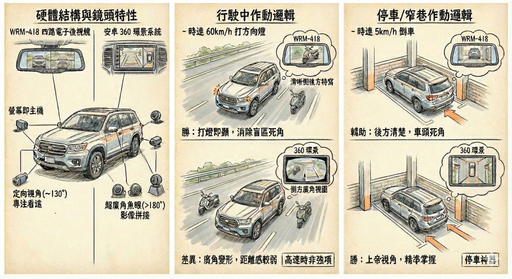 手繪圖解WRM-418四路電子後視鏡與安卓360環景系統