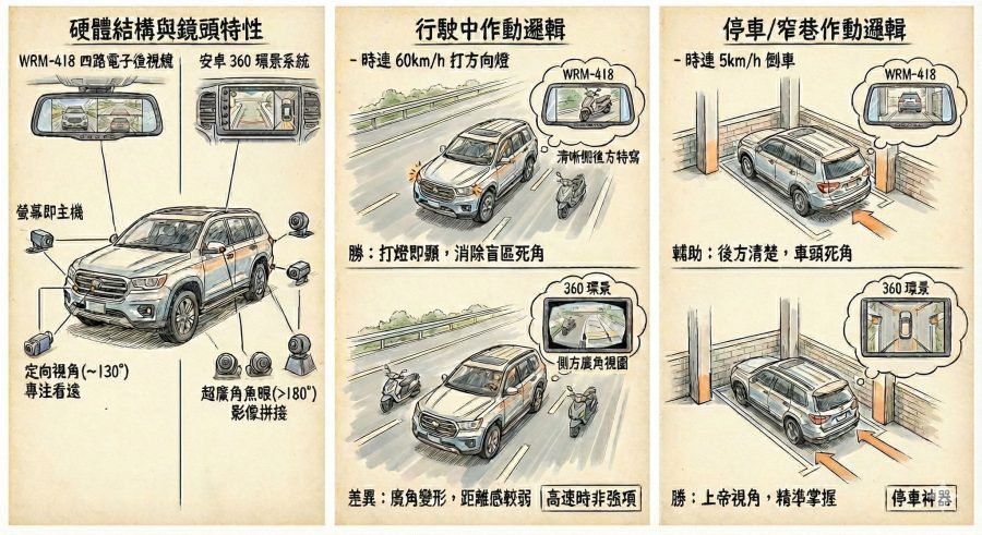 四路電子後視鏡 vs 360環景 視野比較圖