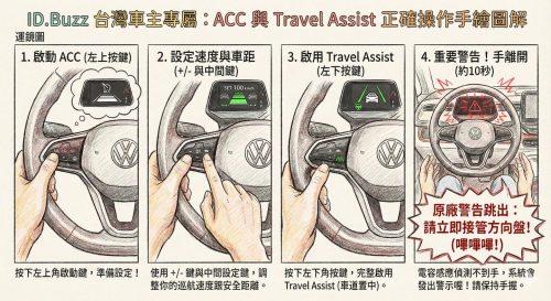 ID.Buzz方向盤ACC與Travel Assist操作教學手繪圖，包含手離開方向盤警告畫面，台南金鉑先生製作。