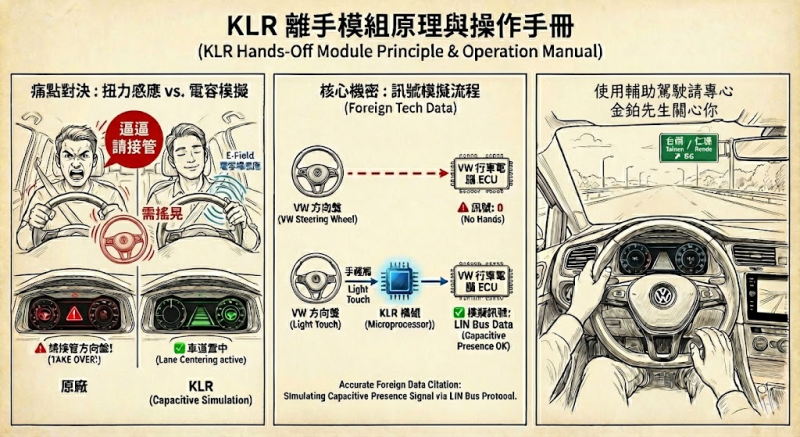 VW Skoda 安裝 KLR 離手模組後儀表板顯示綠色車道置中燈號,台南金鉑先生實測。