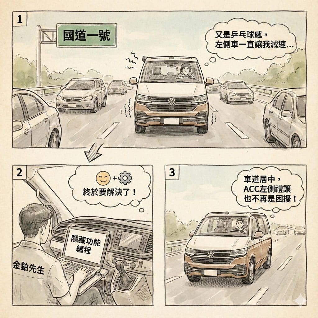 金鉑先生為 VW T6.1 Ocean 進行車道置中編程升級,解決 ACC 減速與乒乓球效應,車主滿意度實測