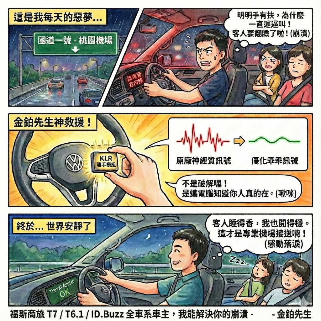 2025 VW T7 機場接送司機安裝 KLR 離手模組前後對比,消除 Travel Assist 警示音
