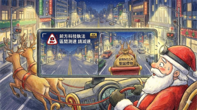 聖誕老人因未安裝WRM S14電子後視鏡收到超速與違規罰單,表情懊悔。