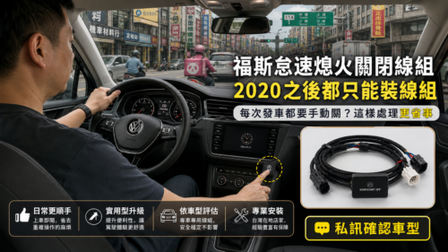 福斯怠速熄火關閉線組原理爆炸圖，顯示直上對插無損安裝與自動控線機制